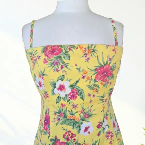 Vtg 90s Y2K RALPH Lauren Hawaiian Floral Strapless Dress Yellow Pinup Fit Med - Picture 4 of 10